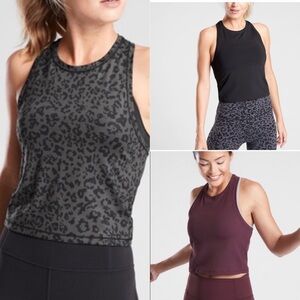 3 Athleta Shanti Crop Tank Tops - Black, Ribbed Antique Burgundy & Leopard